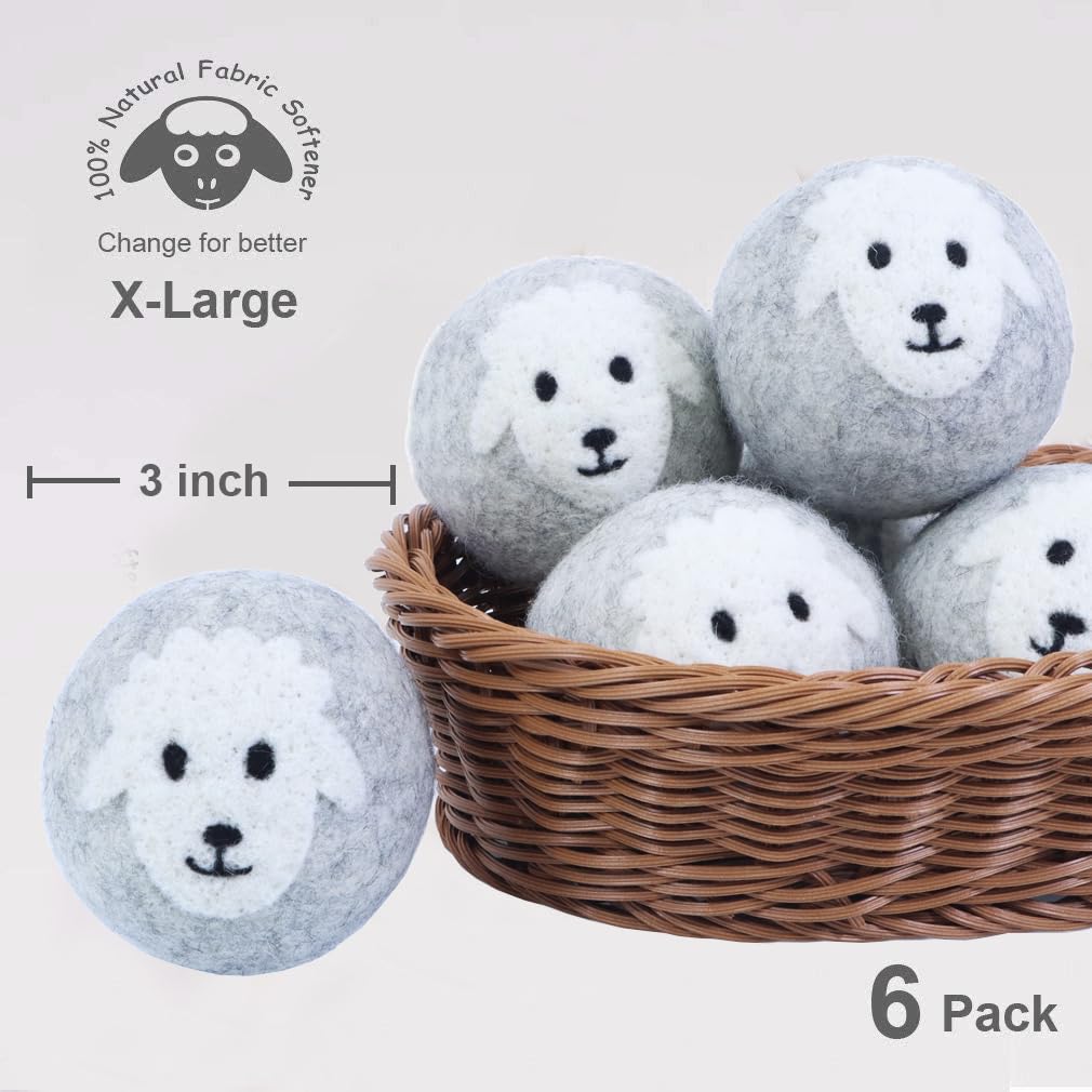 Budieggs Wool Dryer Balls Organic XL 6-Pack, 100% New Zealand Wool Chemical Free Fabric Softener for 1000+ Loads, Baby Safe & Hypoallergenic, Fabrics Soft and Fluffy Naturally