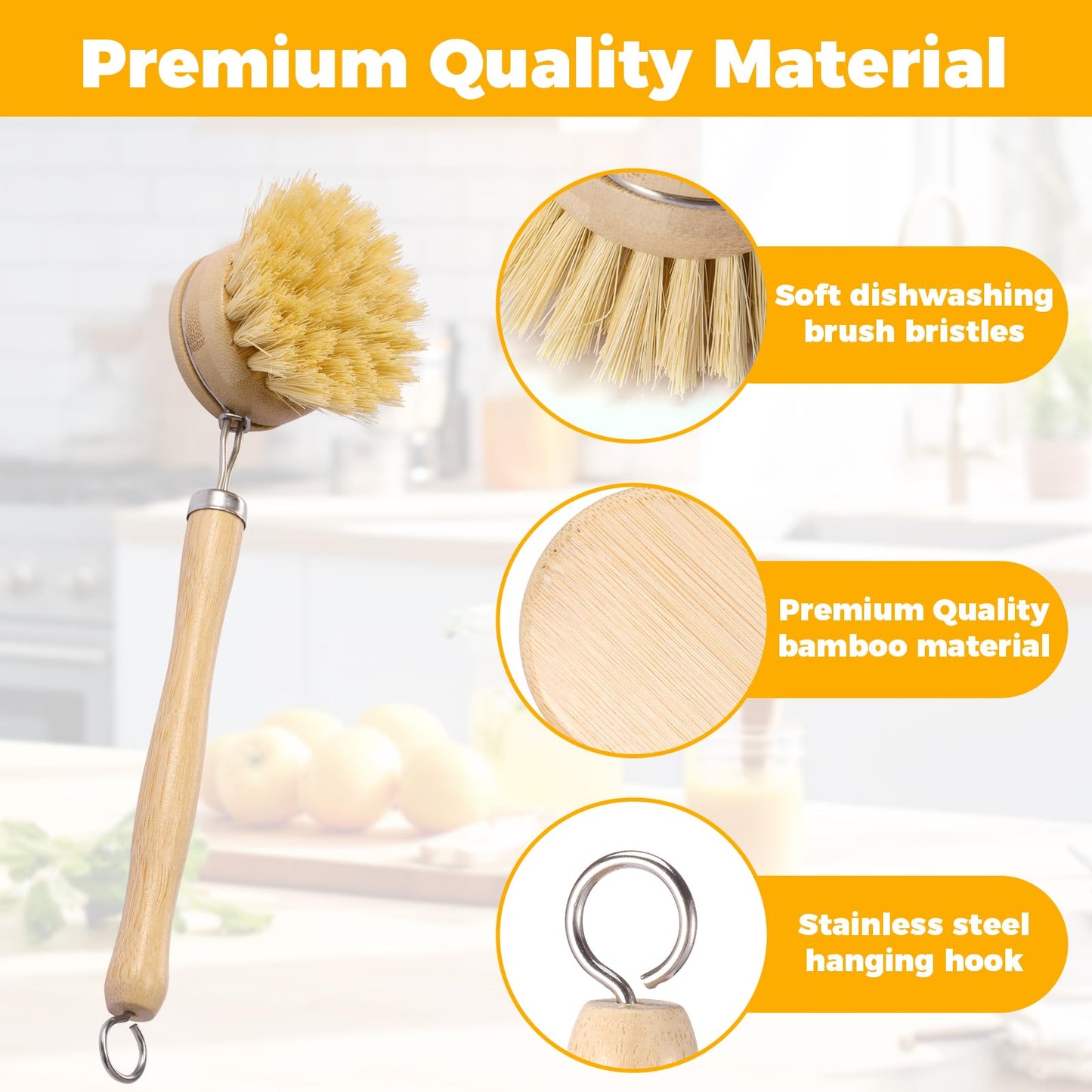 Bamboo Dish Brush Set, 5 Pcs Wooden Kitchen Scrubber – Long Handle Dish & Cup Brush, Short Handle Sisal & Coarse Brown Brush, Includes Square Tray, Ergonomic Natural Cleaning Kit for Pots Pans Bottles