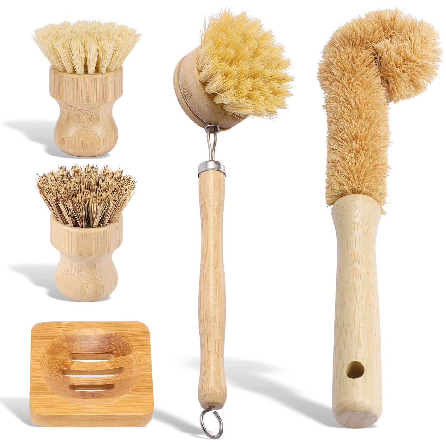 Bamboo Dish Brush Set, 5 Pcs Wooden Kitchen Scrubber – Long Handle Dish & Cup Brush, Short Handle Sisal & Coarse Brown Brush, Includes Square Tray, Ergonomic Natural Cleaning Kit for Pots Pans Bottles