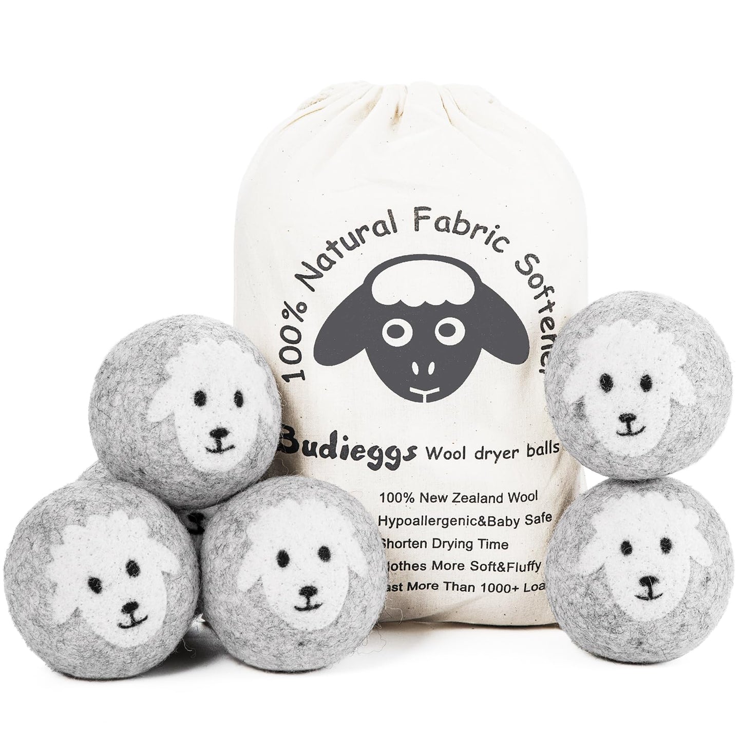 Budieggs Wool Dryer Balls Organic XL 6-Pack, 100% New Zealand Wool Chemical Free Fabric Softener for 1000+ Loads, Baby Safe & Hypoallergenic, Fabrics Soft and Fluffy Naturally