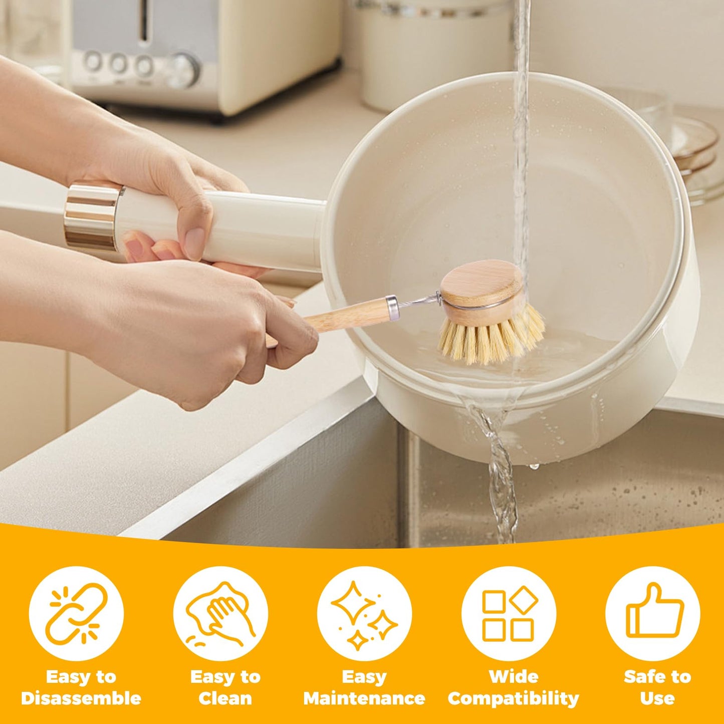 Bamboo Dish Brush Set, 5 Pcs Wooden Kitchen Scrubber – Long Handle Dish & Cup Brush, Short Handle Sisal & Coarse Brown Brush, Includes Square Tray, Ergonomic Natural Cleaning Kit for Pots Pans Bottles