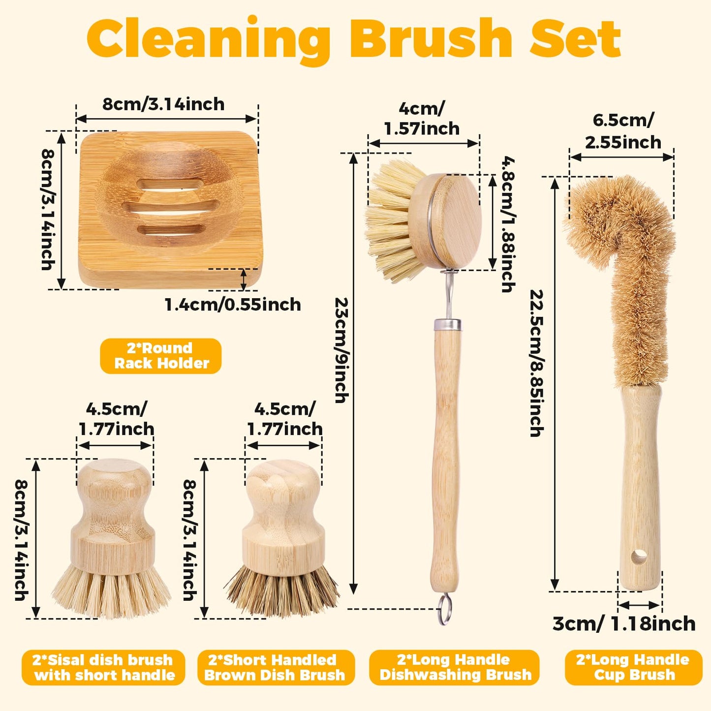 Bamboo Dish Brush Set, 5 Pcs Wooden Kitchen Scrubber – Long Handle Dish & Cup Brush, Short Handle Sisal & Coarse Brown Brush, Includes Square Tray, Ergonomic Natural Cleaning Kit for Pots Pans Bottles
