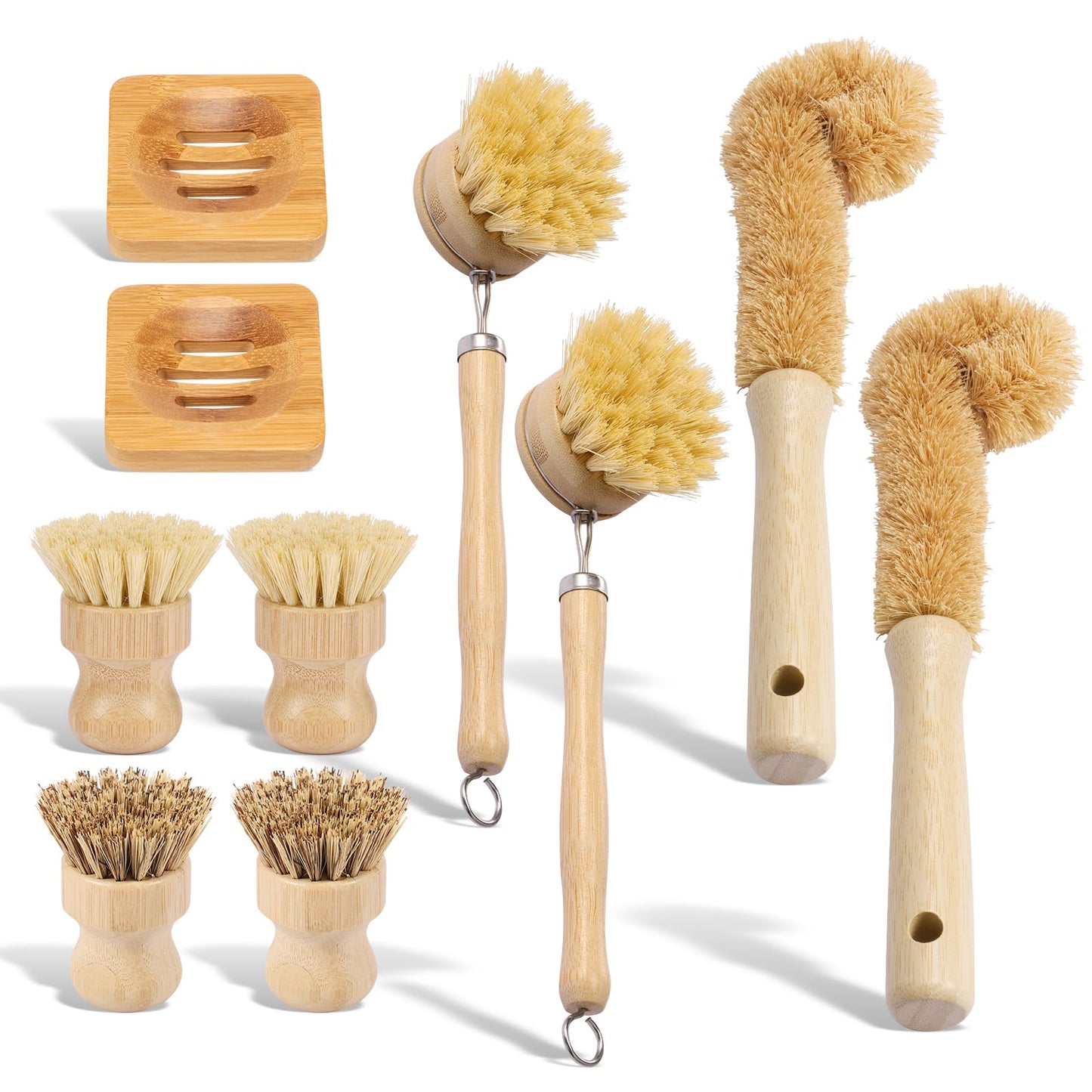 Bamboo Dish Brush Set, 5 Pcs Wooden Kitchen Scrubber – Long Handle Dish & Cup Brush, Short Handle Sisal & Coarse Brown Brush, Includes Square Tray, Ergonomic Natural Cleaning Kit for Pots Pans Bottles