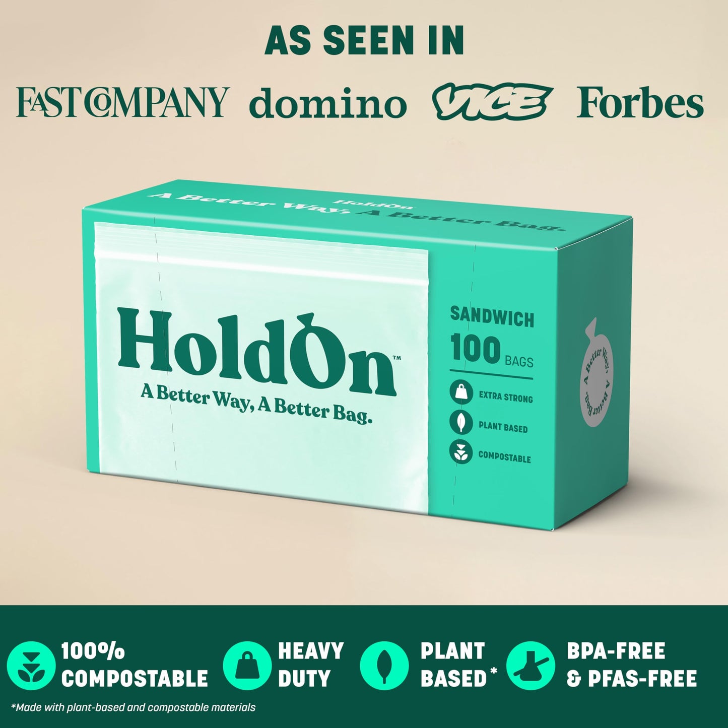 HoldOn Zipseal Gallon Bags - Compostable, PFOA-Free, BPA-Free, Food-Safe Zip Seal Food Storage Bags/Freezer-Safe Gallon Bags With Secure Seal for Home & Travel (25 bags total)