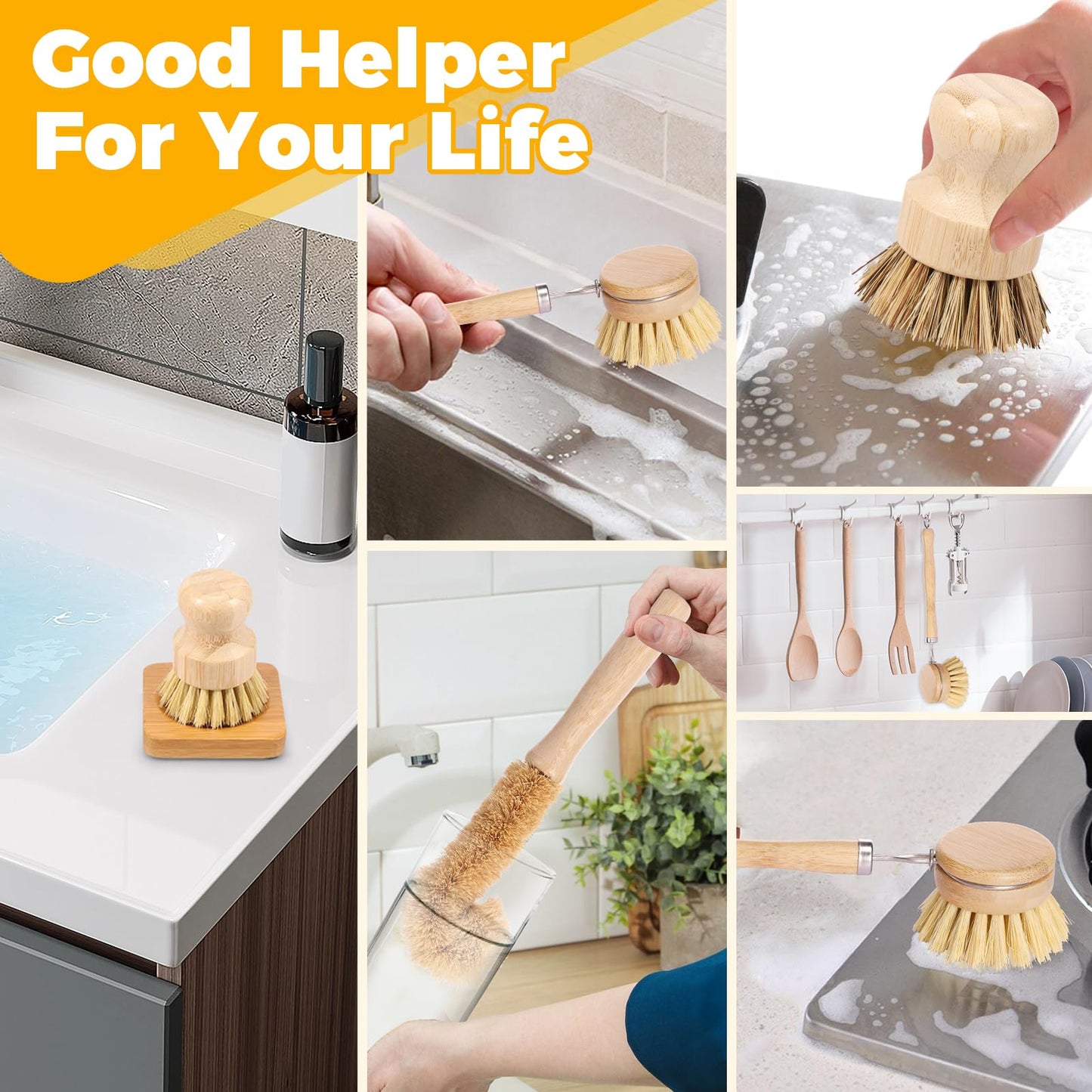 Bamboo Dish Brush Set, 5 Pcs Wooden Kitchen Scrubber – Long Handle Dish & Cup Brush, Short Handle Sisal & Coarse Brown Brush, Includes Square Tray, Ergonomic Natural Cleaning Kit for Pots Pans Bottles