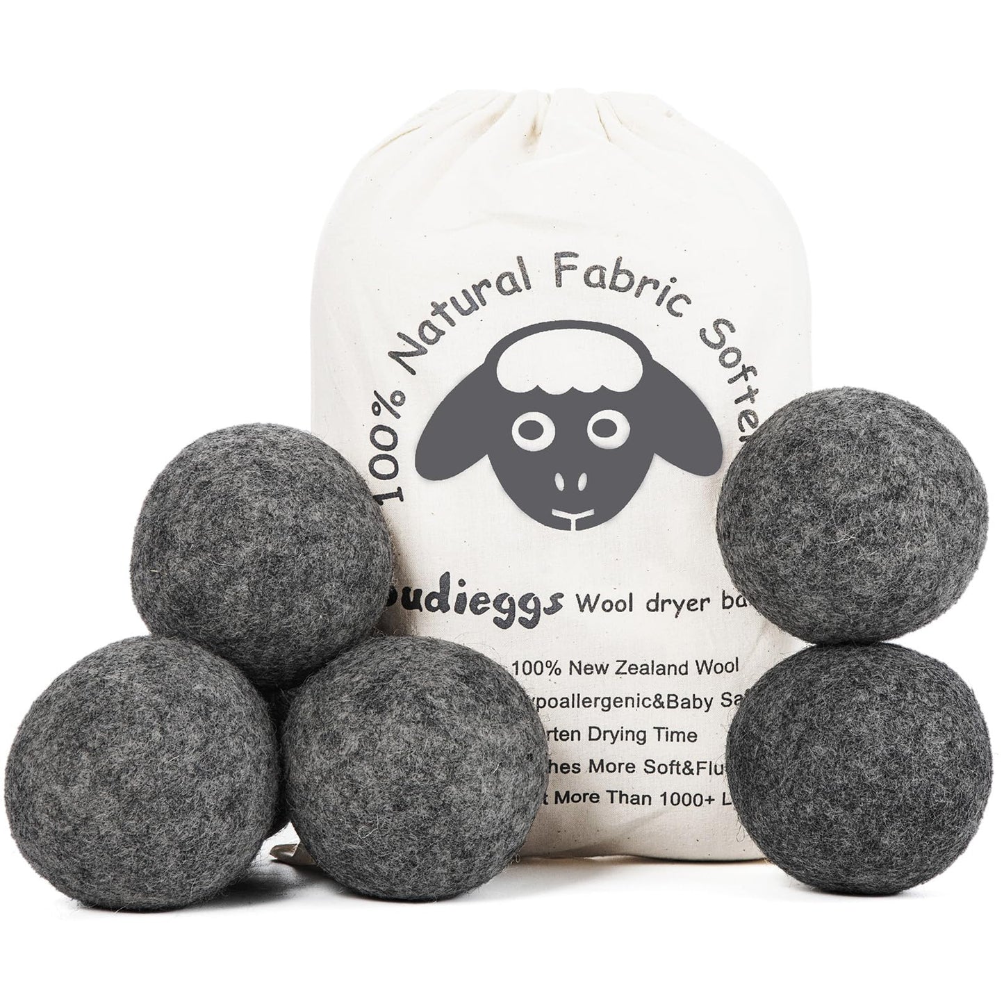 Budieggs Wool Dryer Balls Organic XL 6-Pack, 100% New Zealand Wool Chemical Free Fabric Softener for 1000+ Loads, Baby Safe & Hypoallergenic, Fabrics Soft and Fluffy Naturally
