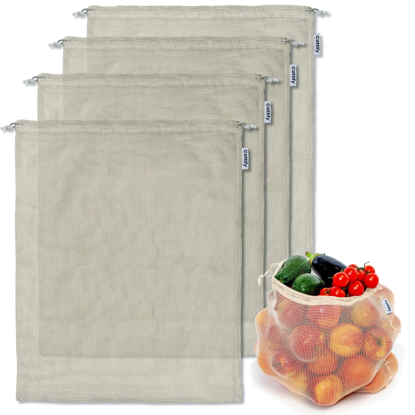 4-pack Reusable Produce Bags Grocery Washable XL, Organic Cotton Mesh Produce Bags Double-Stitched Vegetable Grocery Reusable, Tare Weight, Cotton Produce Bags Reusable Washable, Produce bgs XL