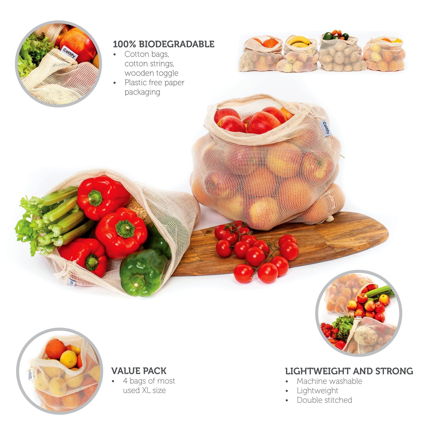 4-pack Reusable Produce Bags Grocery Washable XL, Organic Cotton Mesh Produce Bags Double-Stitched Vegetable Grocery Reusable, Tare Weight, Cotton Produce Bags Reusable Washable, Produce bgs XL