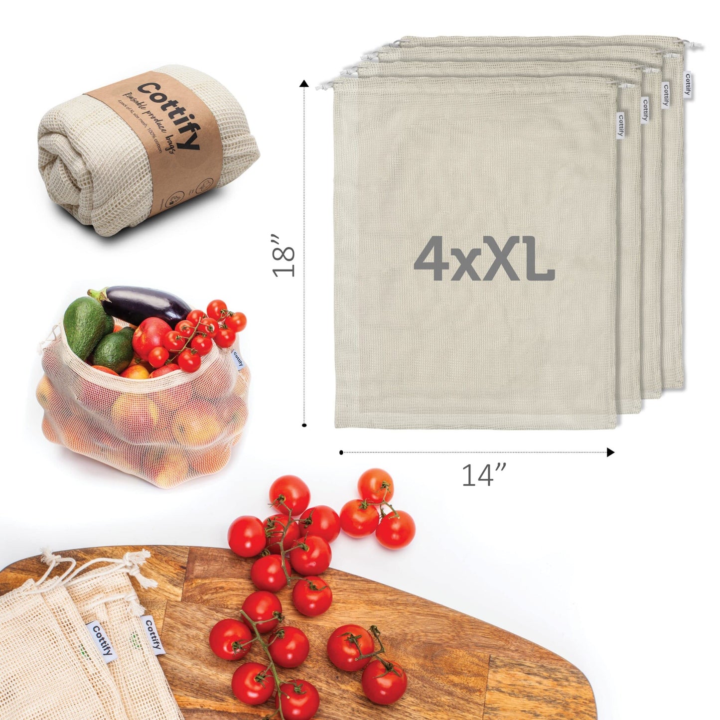 4-pack Reusable Produce Bags Grocery Washable XL, Organic Cotton Mesh Produce Bags Double-Stitched Vegetable Grocery Reusable, Tare Weight, Cotton Produce Bags Reusable Washable, Produce bgs XL